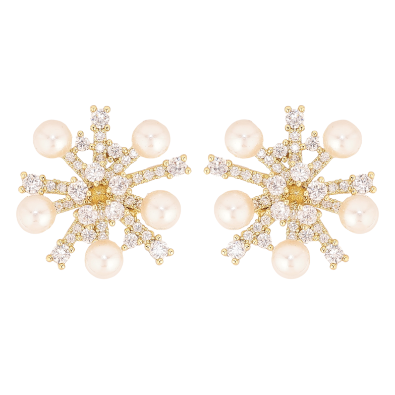 Серьги Xuping QQMM цвет Позолота 14K пусеты "Снежинки с кристаллами и жемчужинами" фото №1