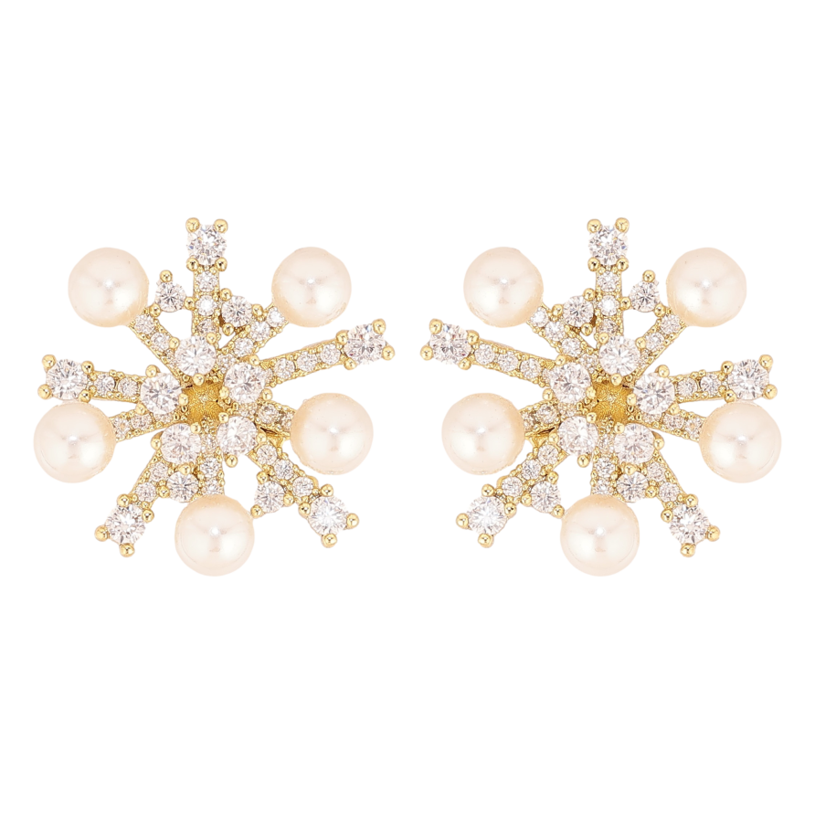 Серьги Xuping QQMM цвет Позолота 14K пусеты "Снежинки с кристаллами и жемчужинами" фото №1