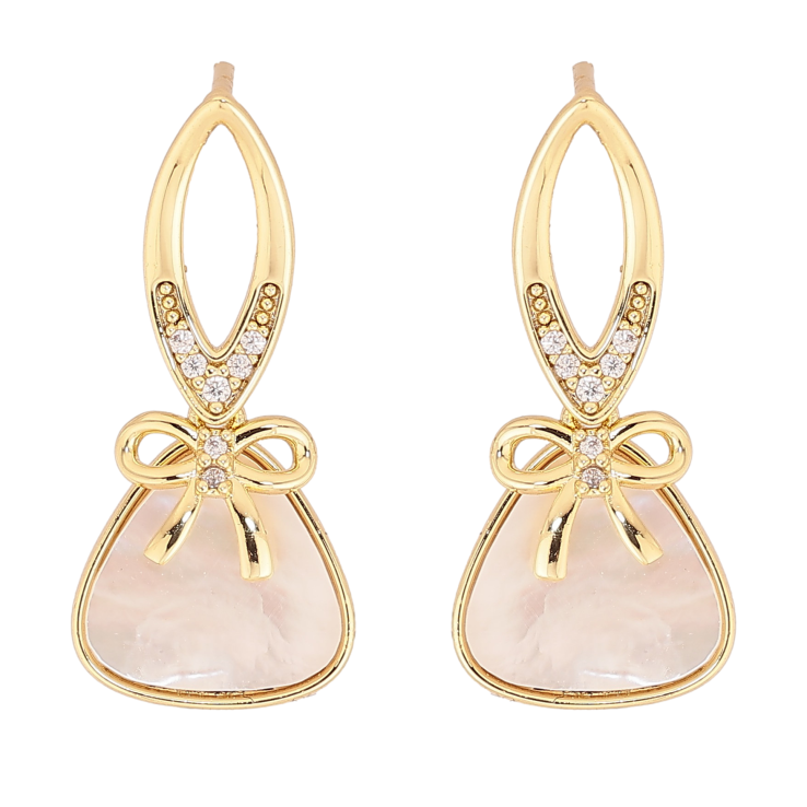 Серьги Xuping QQMM цвет Позолота 14K пусеты "Треугольники с перламутром и бантами" фото №13