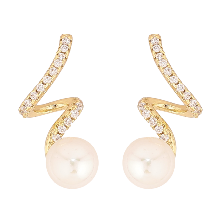 Серьги Xuping QQMM цвет Позолота 14K пусеты "Завитки с кристаллами и жемчужинами" фото №3