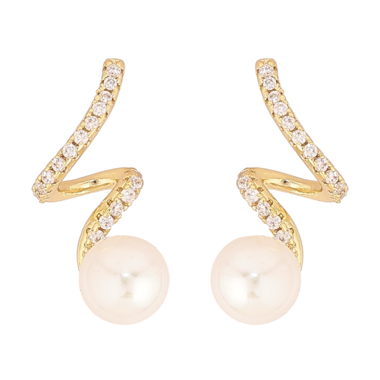 Серьги Xuping QQMM цвет Позолота 14K пусеты "Завитки с кристаллами и жемчужинами" фото №1