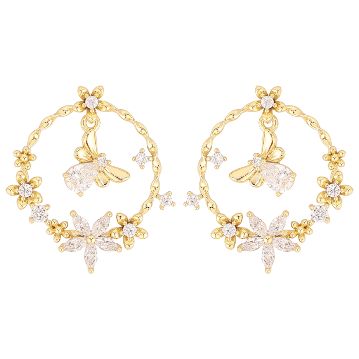 Серьги Xuping QQMM цвет Позолота 14K пусеты "Кольца с цветочным орнаментом и мушками" фото №4