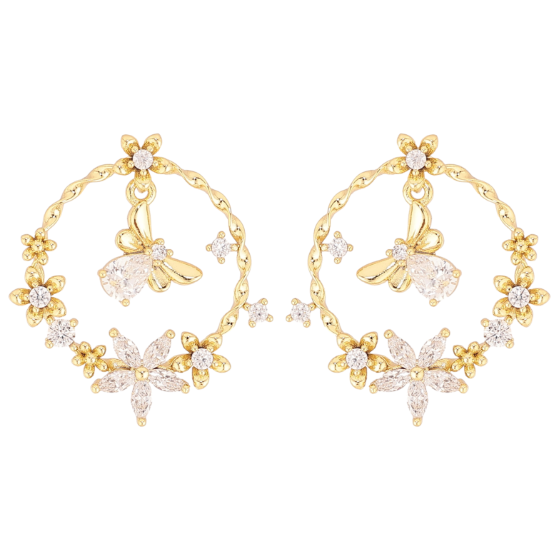 Сережки Xuping QQMM колір Позолота 14K пусети "Кільця з квітковим орнаментом та мушками" фото №1