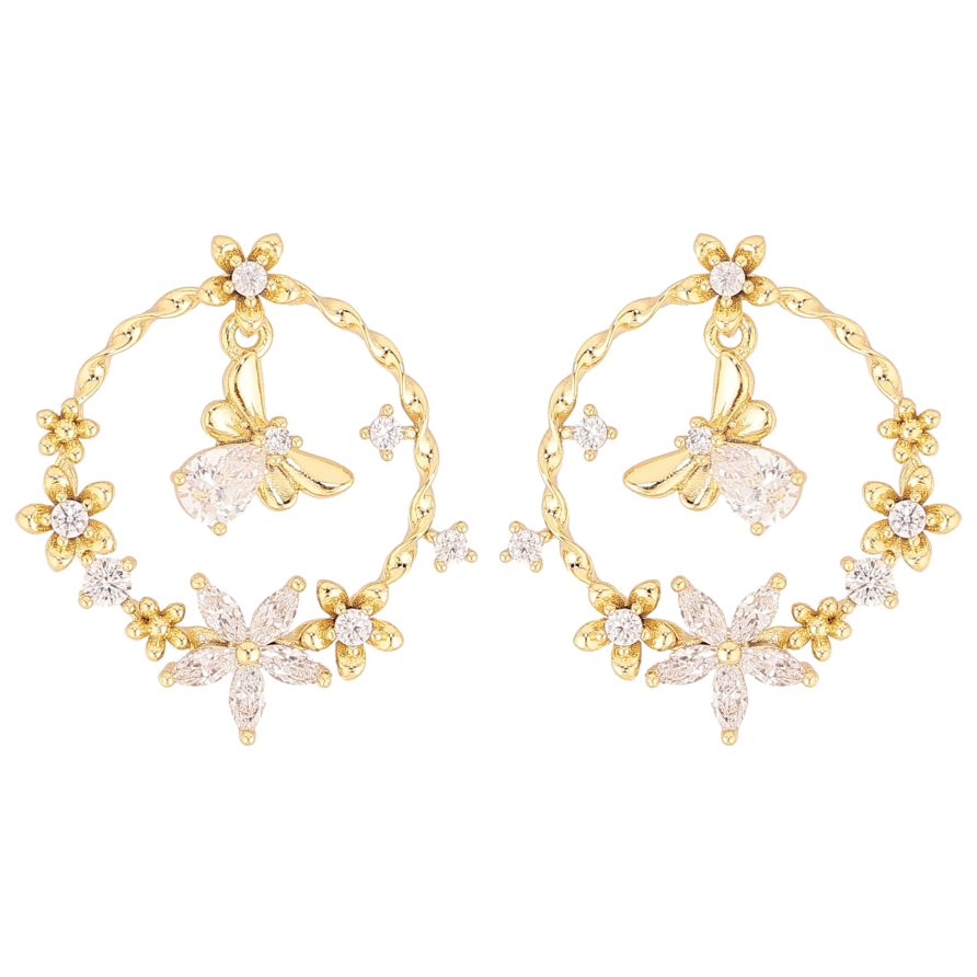 Сережки Xuping QQMM колір Позолота 14K пусети "Кільця з квітковим орнаментом та мушками" фото №1