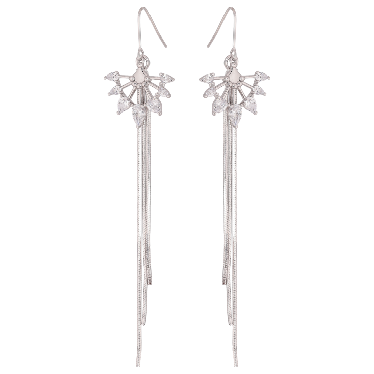 Серьги Xuping QQMM цвет Родий французский замок "Кристальный веер с подвесками цепочками" фото №11