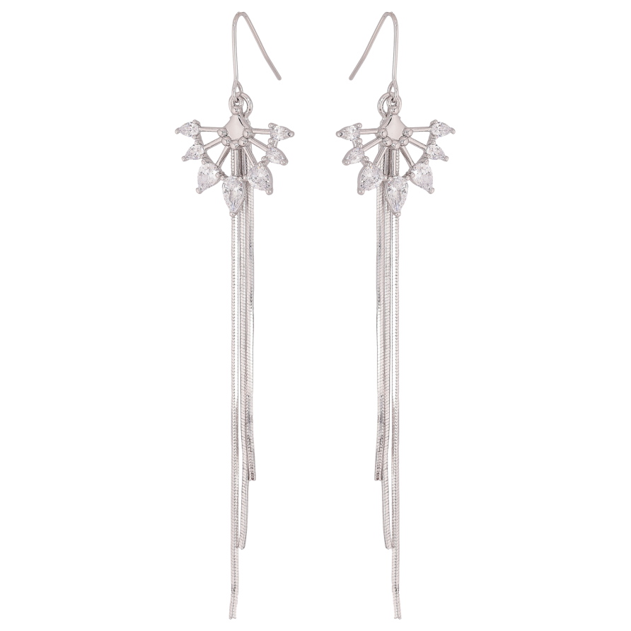 Серьги Xuping QQMM цвет Родий французский замок "Кристальный веер с подвесками цепочками" фото №1