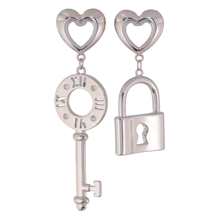 Серьги Xuping QQMM цвет Родий пусеты "Ассиметричные подвески замочек с ключиком" фото №3