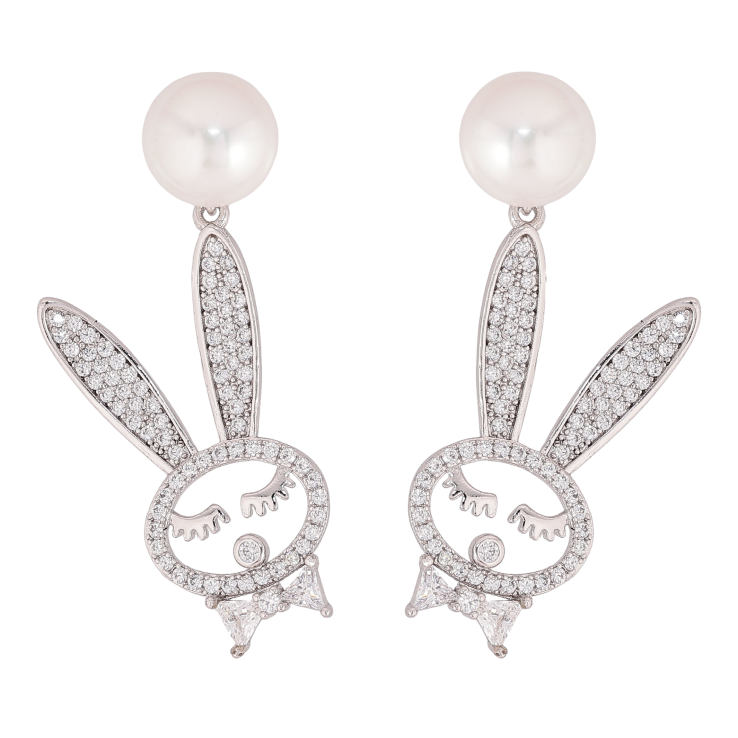 Серьги Xuping QQMM цвет Родий пусеты "Кролики на жемчужинах" ø 9мм фото №6