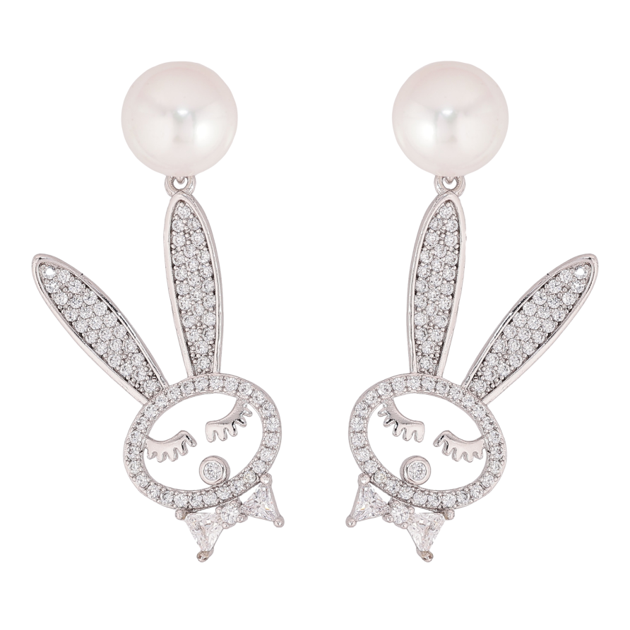 Серьги Xuping QQMM цвет Родий пусеты "Кролики на жемчужинах" ø 9мм фото №1