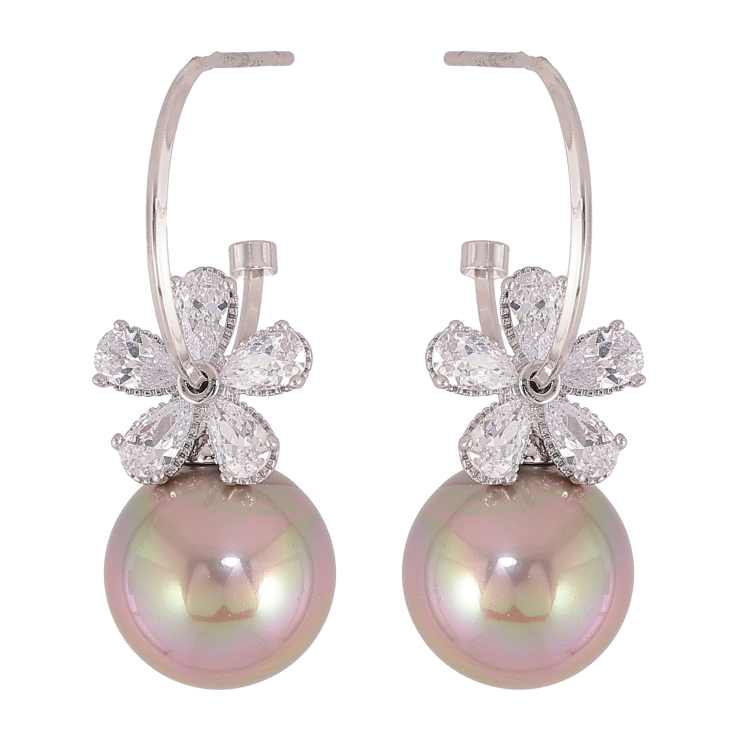 Серьги Xuping QQMM цвет Родий пусеты "Кристальные цветочки на жемчужинах" фото №3