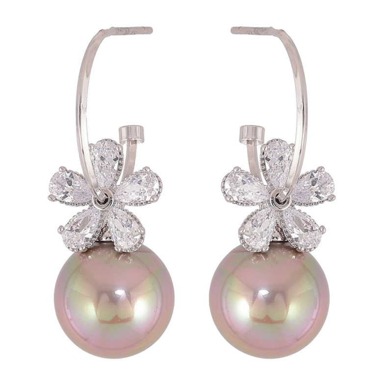 Сережки Xuping QQMM колір Родій пусети "Кристальні квіточки на перлинах" фото №1