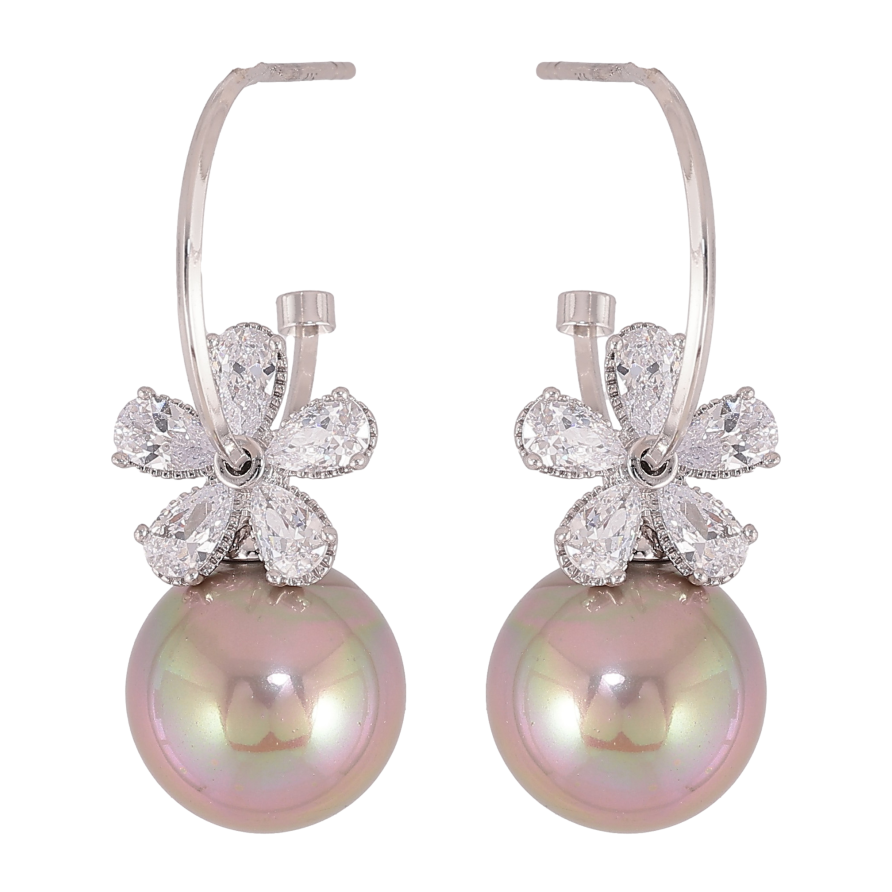 Сережки Xuping QQMM колір Родій пусети "Кристальні квіточки на перлинах" фото №1