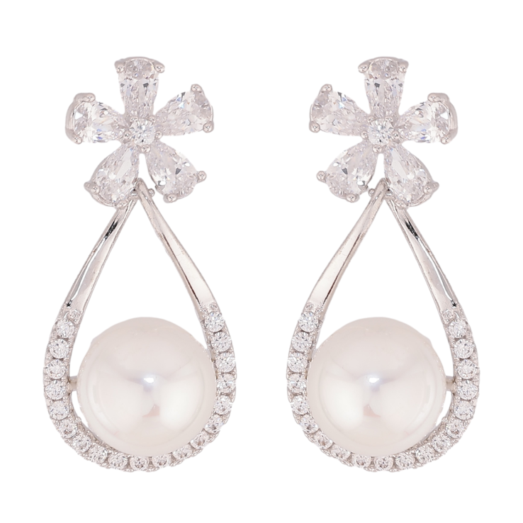 Серьги Xuping QQMM цвет Родий пусеты "Кристальные цветочки с подвесками жемчужинами в капельках" фото №9