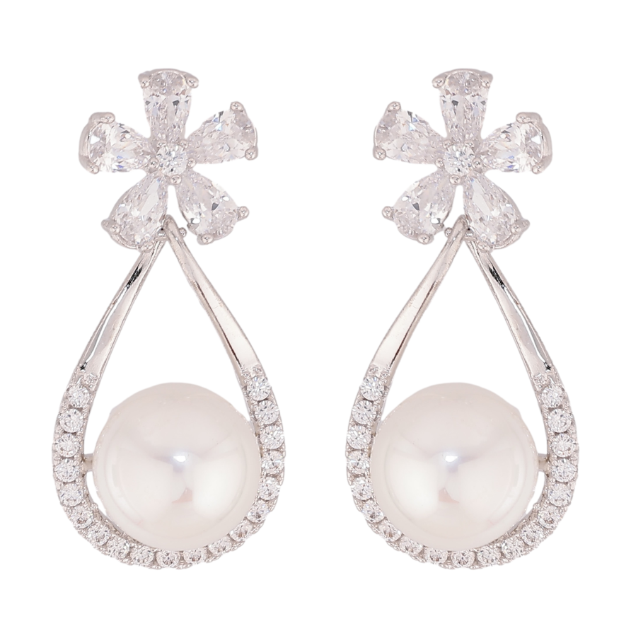 Серьги Xuping QQMM цвет Родий пусеты "Кристальные цветочки с подвесками жемчужинами в капельках" фото №1