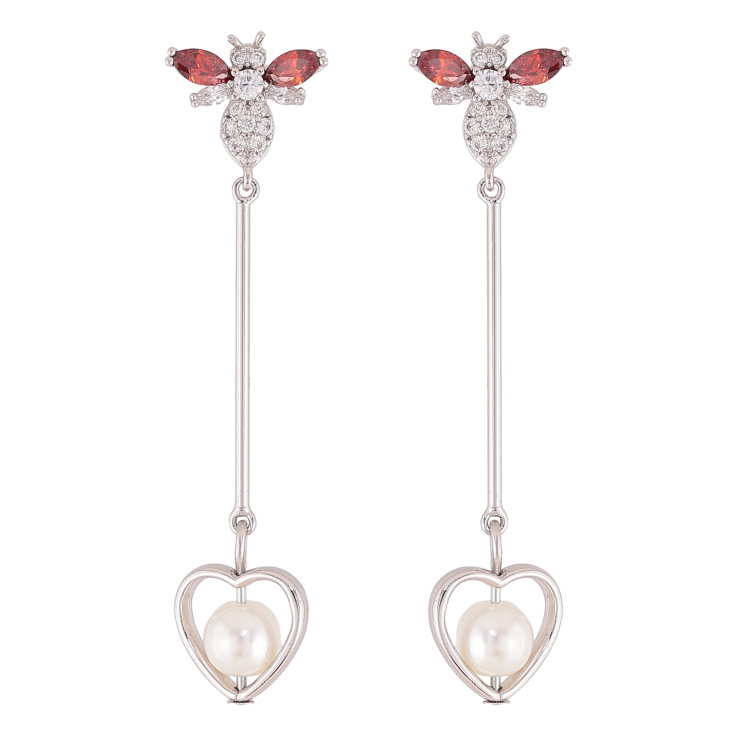Серьги Xuping QQMM цвет Родий пусеты "Мушки с жемчужными сердечками" фото №4