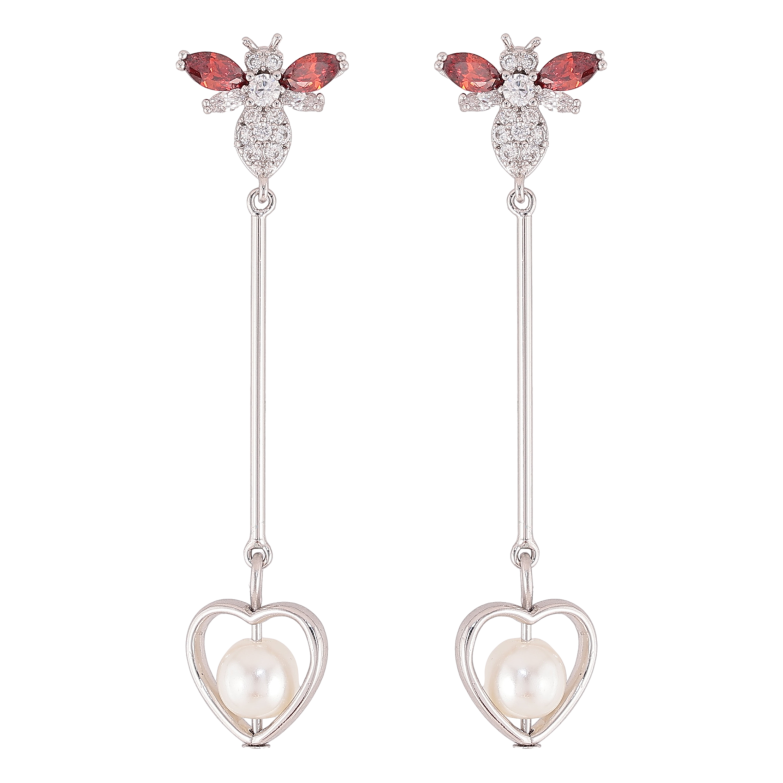 Сережки Xuping QQMM колір Родій пусети "Мушки з перлинними серцями" фото №1