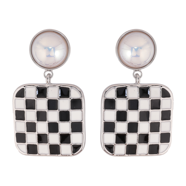 Сережки Xuping QQMM колір Родій пусети "Підвіски шаховий візерунок емаллю" фото №1