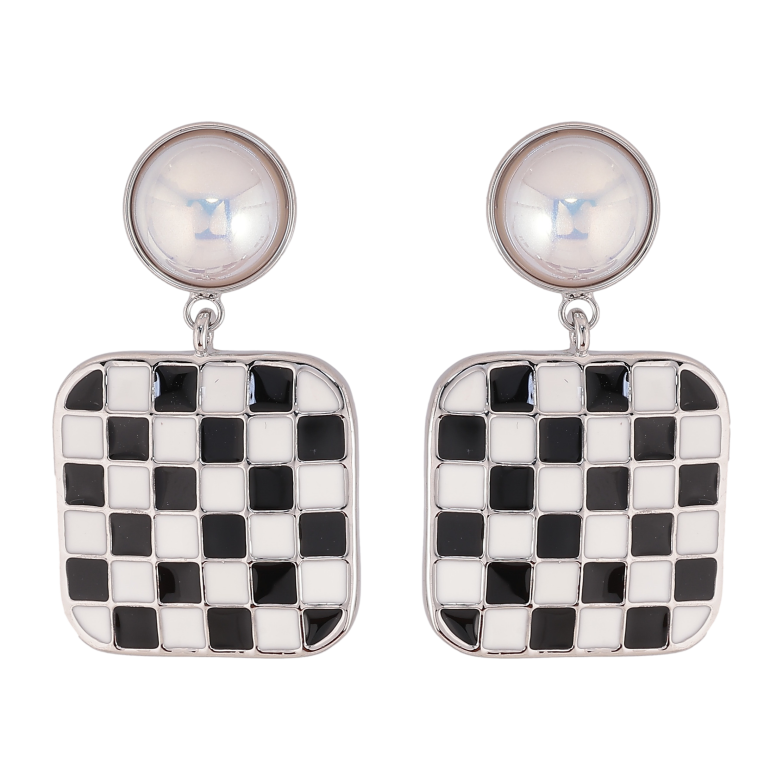 Сережки Xuping QQMM колір Родій пусети "Підвіски шаховий візерунок емаллю" фото №1