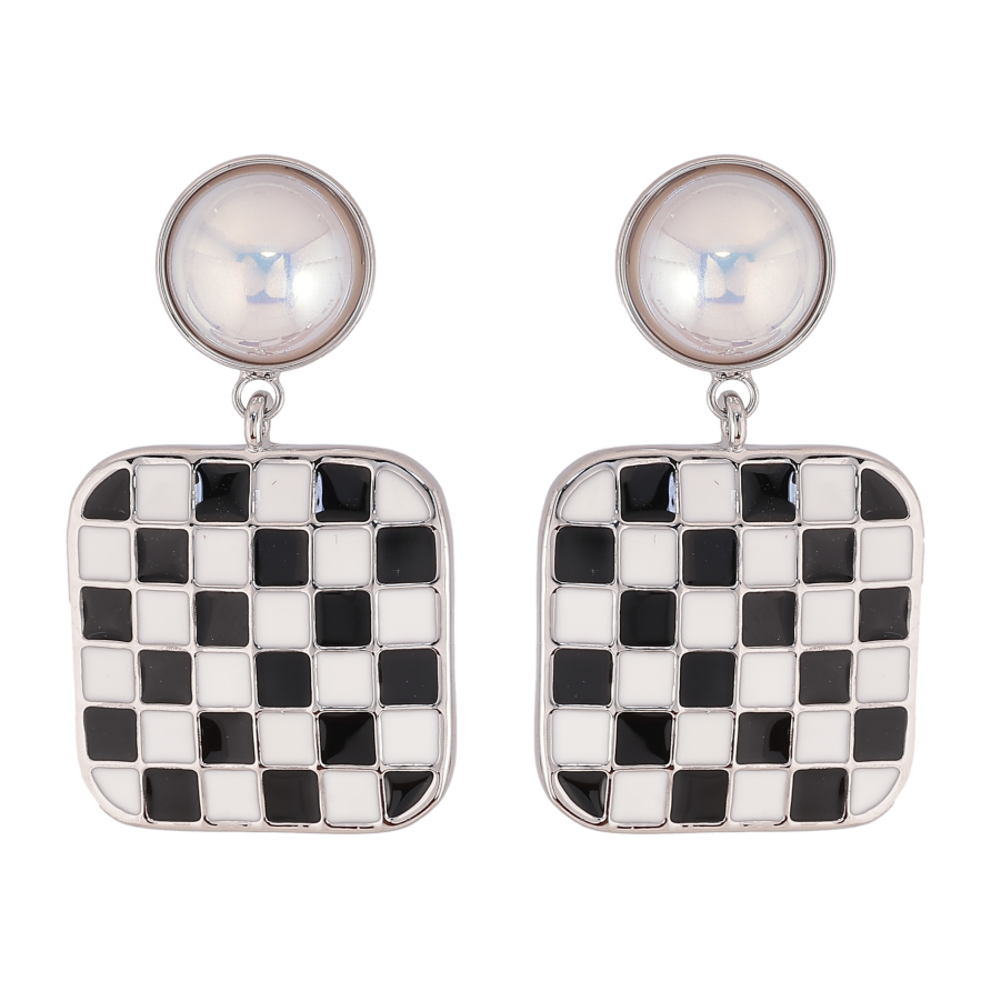 Сережки Xuping QQMM колір Родій пусети "Підвіски шаховий візерунок емаллю" фото №1