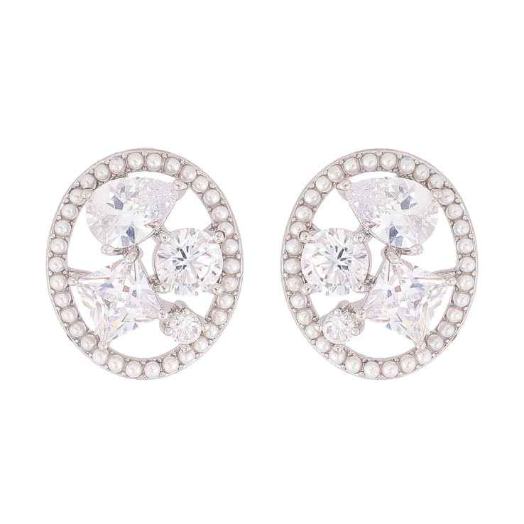 Серьги Xuping QQMM цвет Родий пусеты "Россыпь кристаллов в жемчужных колечках" фото №5