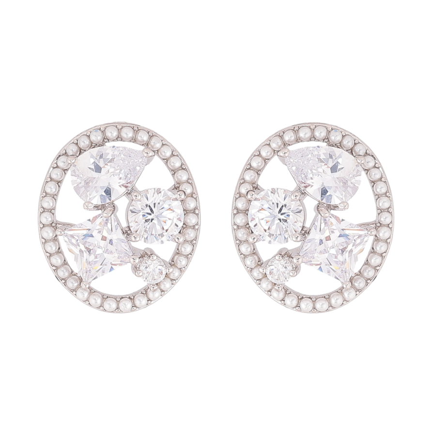 Серьги Xuping QQMM цвет Родий пусеты "Россыпь кристаллов в жемчужных колечках" фото №1