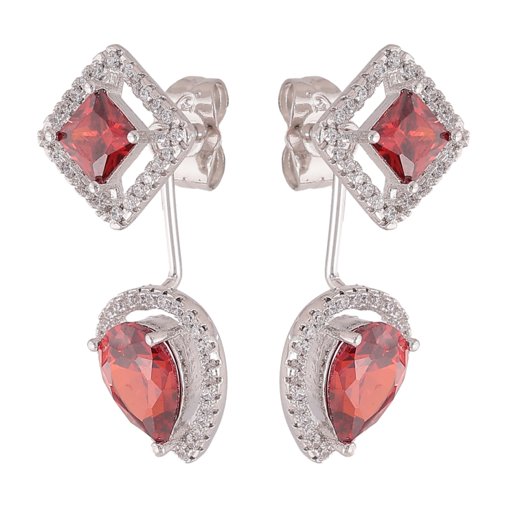 Серьги Xuping QQMM цвет Родий пусеты- джекеты "Красные кристаллы в обрамлении" фото №4