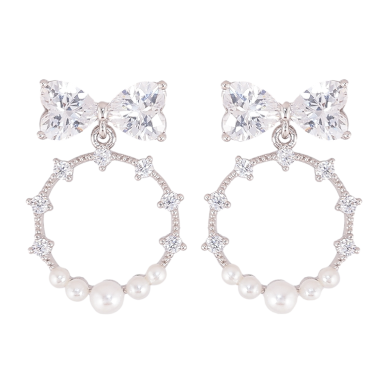 Серьги Xuping QQMM цвет Родий пусеты "Колечки на кристальных бантах" фото №1