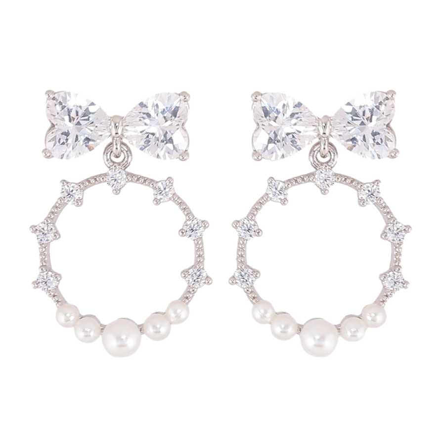 Сережки Xuping QQMM колір Родій пусети "Кільця на кришталевих бантах" фото №1