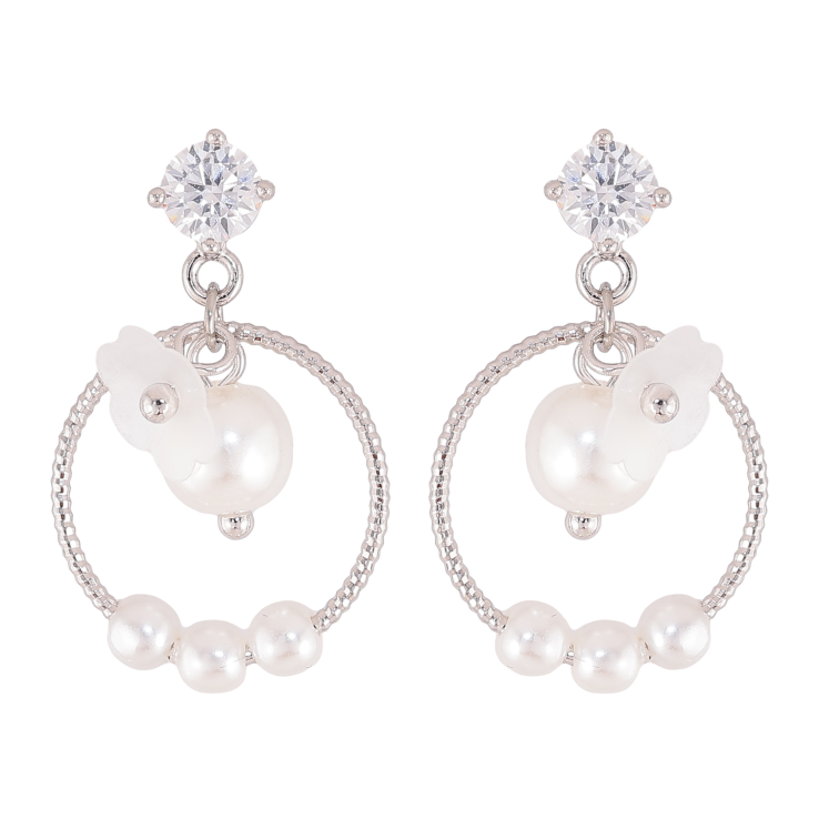 Серьги Xuping QQMM цвет Родий пусеты "Колечки с жемчужными бусинами и цветочками" фото №13