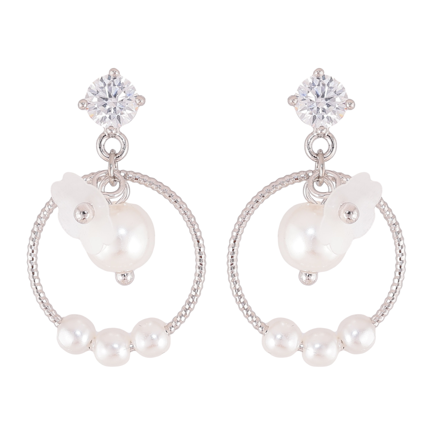 Серьги Xuping QQMM цвет Родий пусеты "Колечки с жемчужными бусинами и цветочками" фото №1