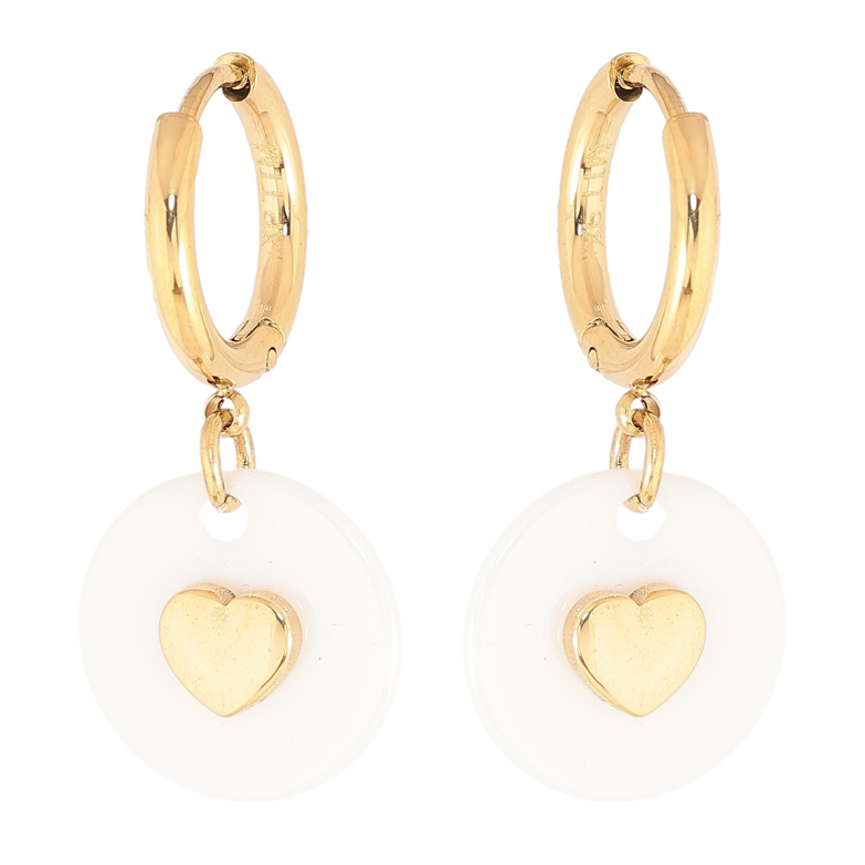 Сережки Xuping TTM Stainless Steel колір 14К підвіски на колечках "Кільця білої кераміки з візерунком серця" фото №2 Сережки Xuping TTM Stainless Steel колір 14К підвіски на колечках "Кільця білої кераміки з візерунком серця" фото №2