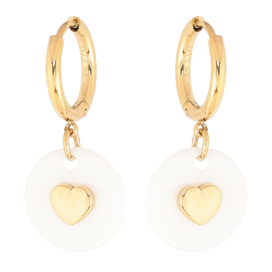 Сережки Xuping TTM Stainless Steel колір 14К підвіски на колечках "Кільця білої кераміки з візерунком серця" фото №1 Сережки Xuping TTM Stainless Steel колір 14К підвіски на колечках "Кільця білої кераміки з візерунком серця" фото №1