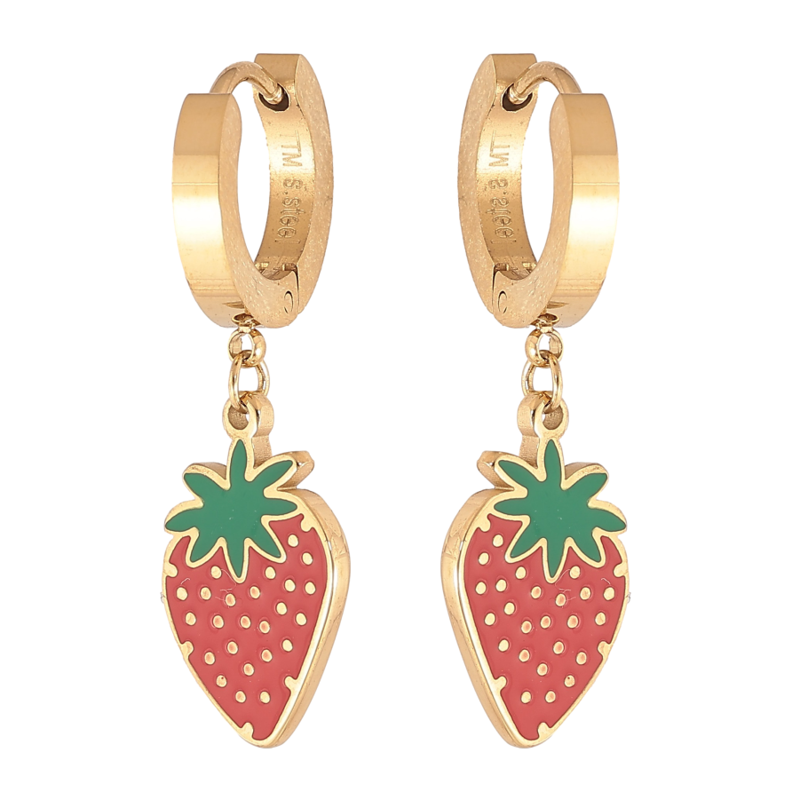 Сережки Xuping TTM Stainless Steel колір 14К підвіски на колечках "Полунички" фото №1 Сережки Xuping TTM Stainless Steel колір 14К підвіски на колечках "Полунички" фото №1