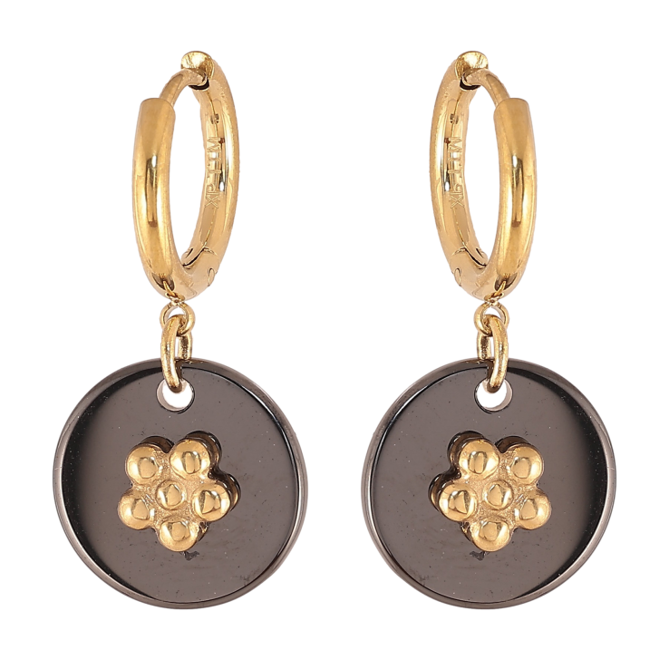 Сережки Xuping TTM Stainless Steel колір 14К підвіски на колечках "Чорні керамічні підвіски з квіточками" фото №6