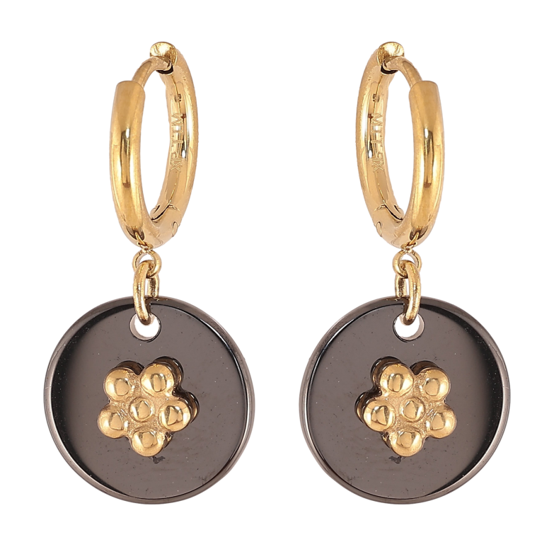 Серьги Xuping TTM Stainless Steel цвет 14К подвески на колечках "Черные керамические подвески с цветочками" фото №1