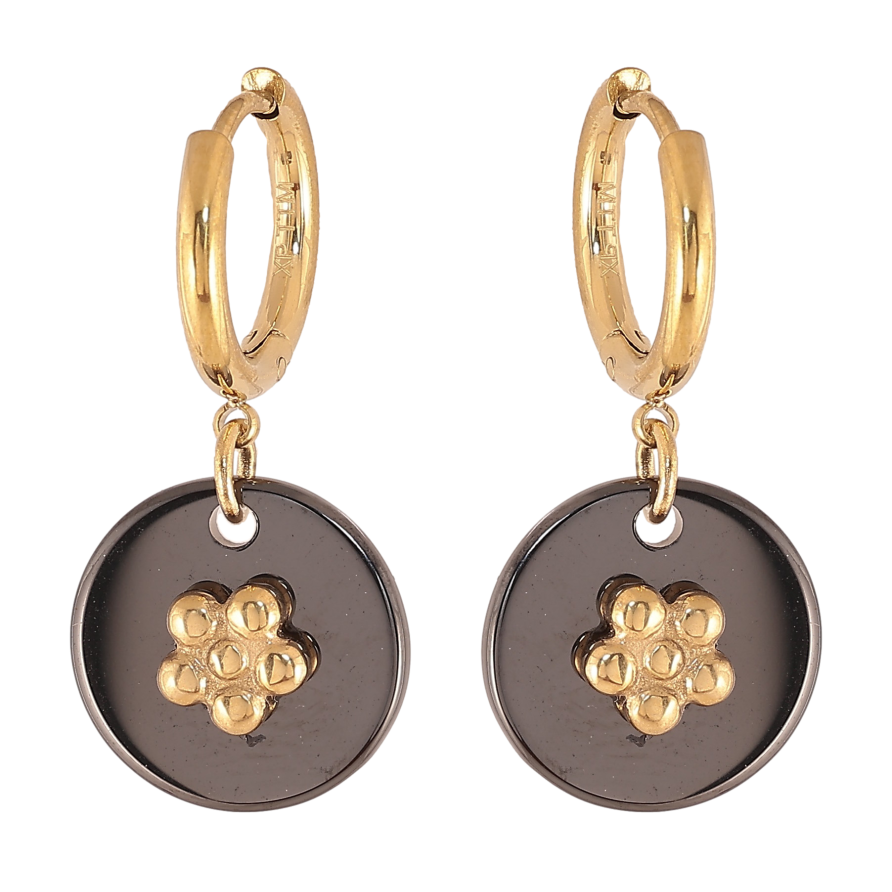 Сережки Xuping TTM Stainless Steel колір 14К підвіски на колечках "Чорні керамічні підвіски з квіточками" фото №1