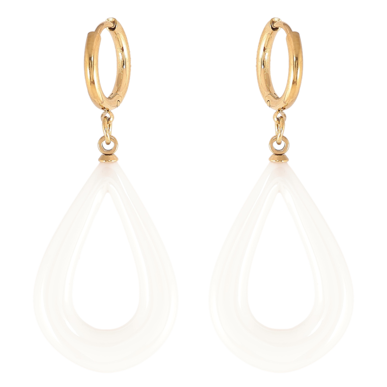 Серьги Xuping TTM Stainless Steel цвет 14К подвески на колечках "Белые керамические капельки" фото №1