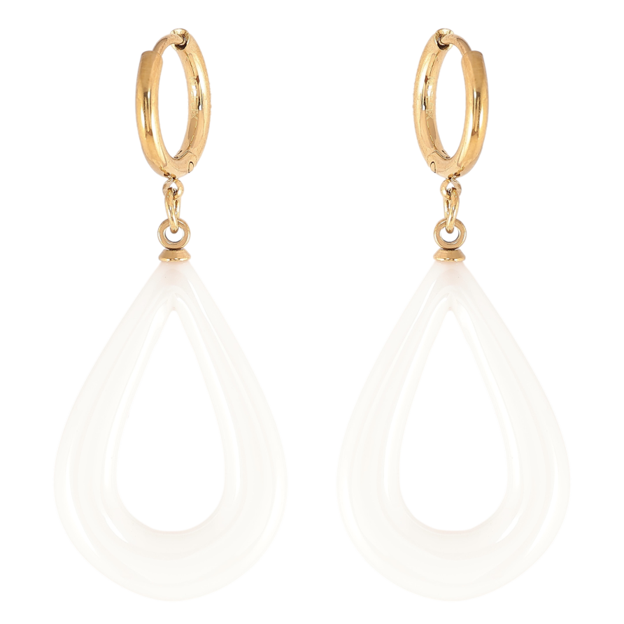 Сережки Xuping TTM Stainless Steel колір 14К підвіски на колечках "Білі керамічні крапельки" фото №1 Сережки Xuping TTM Stainless Steel колір 14К підвіски на колечках "Білі керамічні крапельки" фото №1