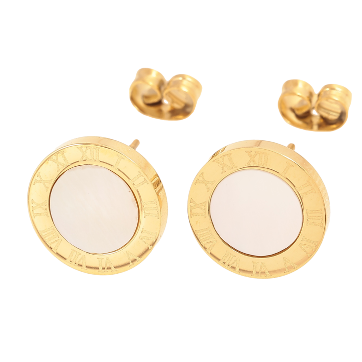 Сережки Xuping TTM Stainless Steel колір 14К пусети "Циферблат із перламутровими вставками" ø 10мм фото №11