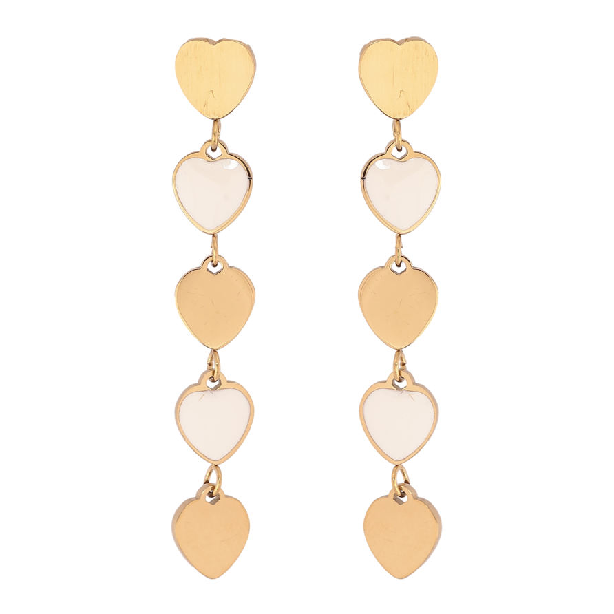 Сережки Xuping TTM Stainless Steel колір 14К пусети "Сердечки з білою емаллю" фото №1