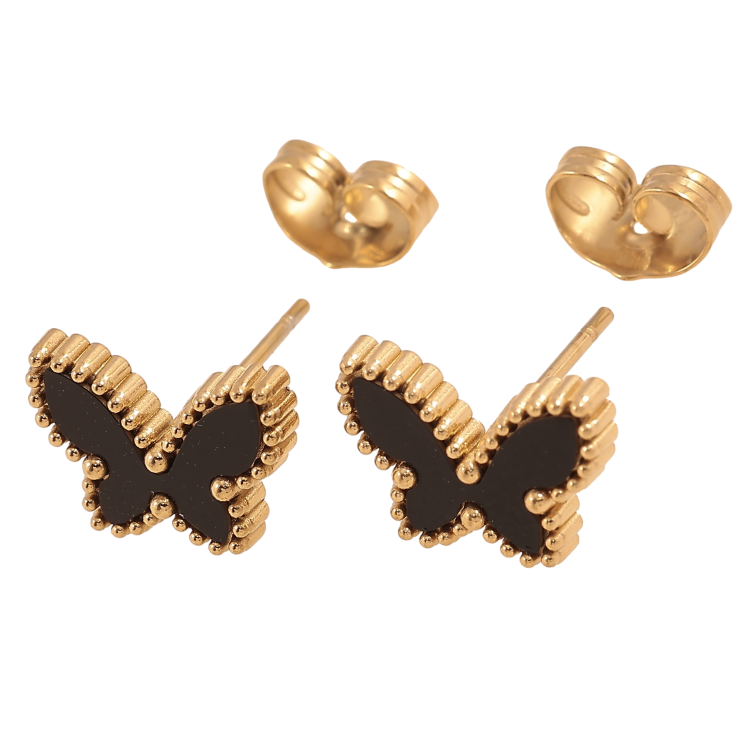 Сережки Xuping TTM Stainless Steel колір 14К пусети "Метелики з чорними вставками" фото №11 Сережки Xuping TTM Stainless Steel колір 14К пусети "Метелики з чорними вставками" фото №11
