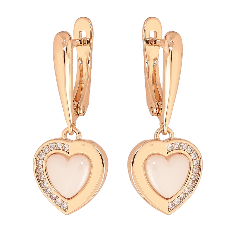 Сережки Xuping TTM Stainless Steel колір 18К англійський замок підвіски сердечка з білою керамікою та кристалами фото №1