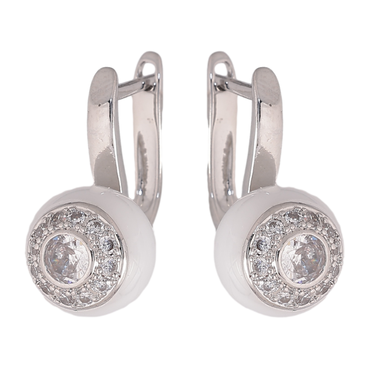 Сережки Xuping TTM Stainless Steel колір Родій англійський замок "Кульки з білої кераміки з кристалами" фото №2