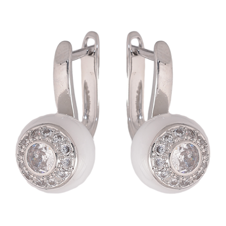 Сережки Xuping TTM Stainless Steel колір Родій англійський замок "Кульки з білої кераміки з кристалами" фото №1