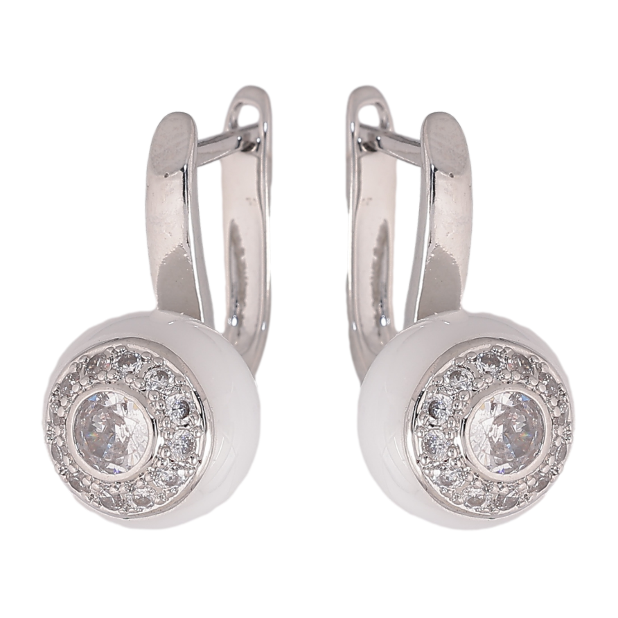 Сережки Xuping TTM Stainless Steel колір Родій англійський замок "Кульки з білої кераміки з кристалами" фото №1