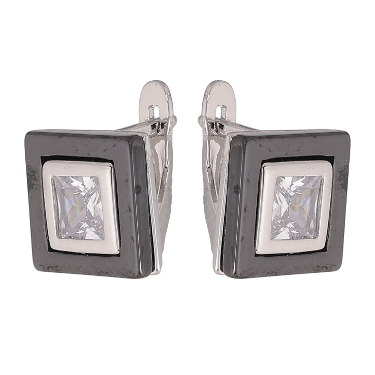 Сережки Xuping TTM Stainless Steel колір Родій англійський замок "Квадрати з чорною керамікою та кристалами" фото №14