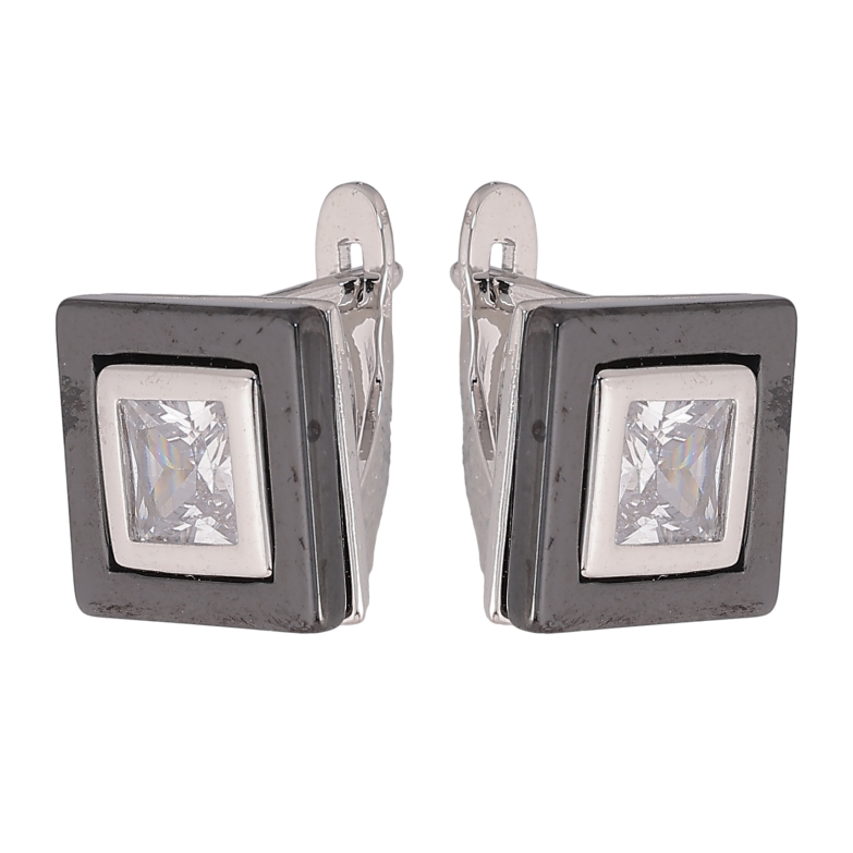 Сережки Xuping TTM Stainless Steel колір Родій англійський замок "Квадрати з чорною керамікою та кристалами" фото №1