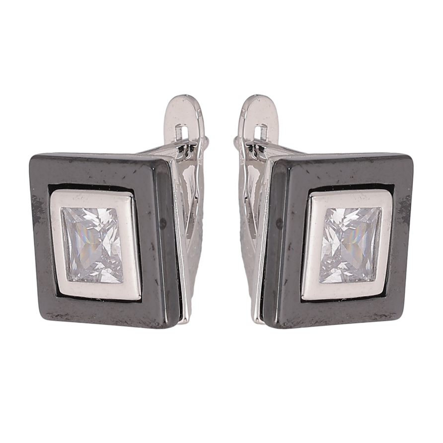 Сережки Xuping TTM Stainless Steel колір Родій англійський замок "Квадрати з чорною керамікою та кристалами" фото №1