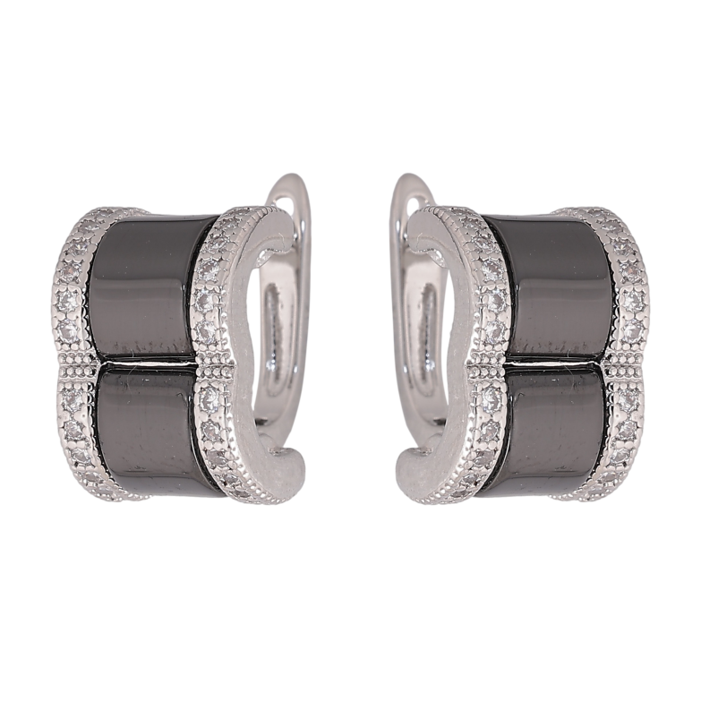 Сережки Xuping TTM Stainless Steel колір Родій англійський замок "Візерунок з чорною керамікою та кристалами" фото №1 Сережки Xuping TTM Stainless Steel колір Родій англійський замок "Візерунок з чорною керамікою та кристалами" фото №1