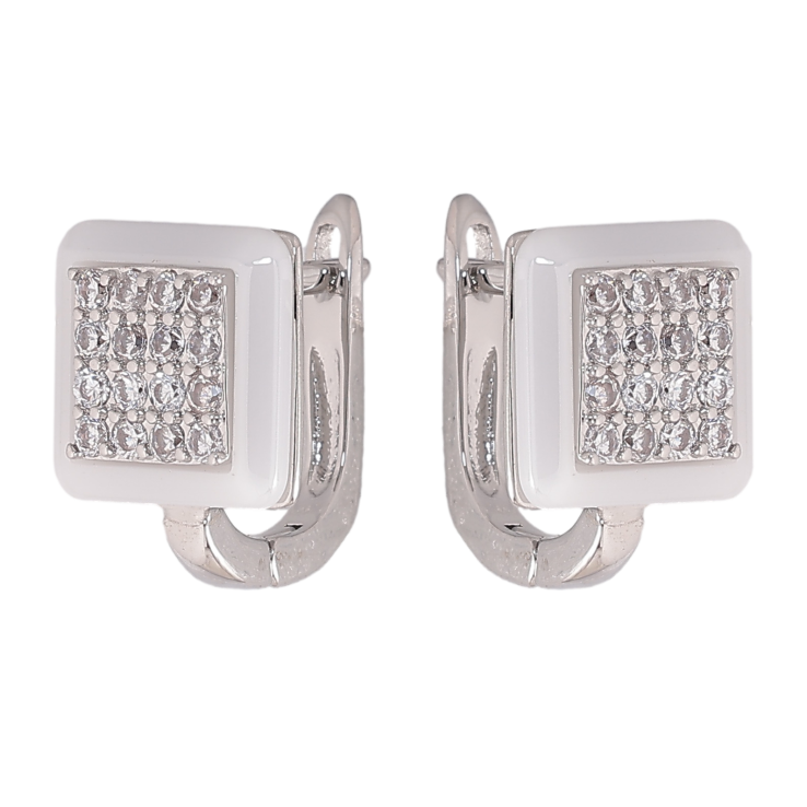 Сережки Xuping TTM Stainless Steel колір Родій англійський замок "Квадрати з білою керамікою та кристалами" фото №10